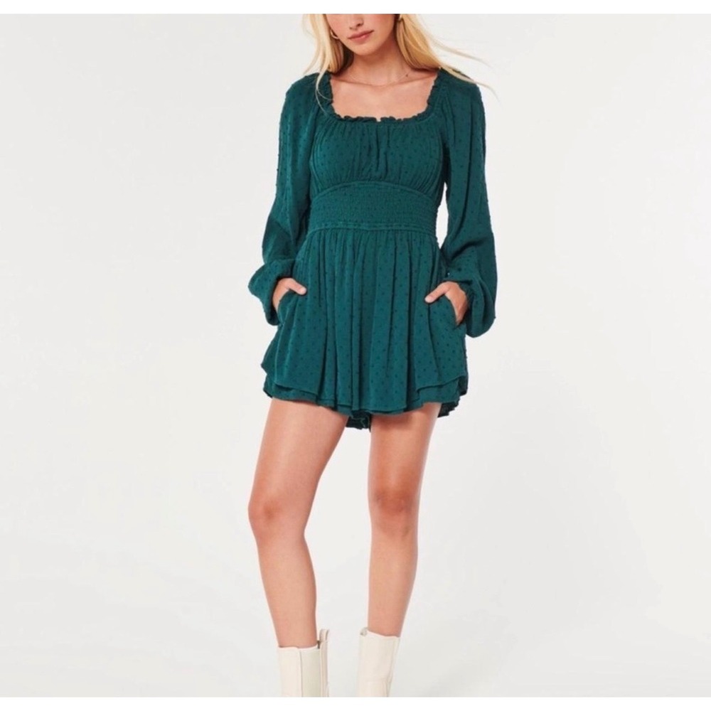 HOLLISTER‎ Women's XS Deep Green Forest Fairy Goblincore Cottagecore Romper - Picture 1 of 8